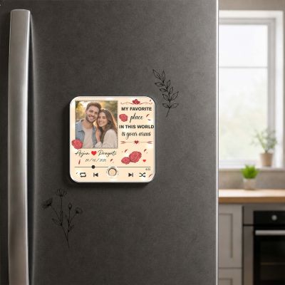 Personalized My Favorite Place is Your Arms Quote Printed Musical Fridge Magnet Anniversary & Birthday Gifts for Boyfriend Girlfriend Husband Wife | Music Player Style Keepsake Frame
